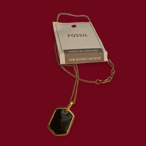 Vtg FOSSIL Unisex Engravable Black Enamel Hexagon Tag Stainless Steel Necklace